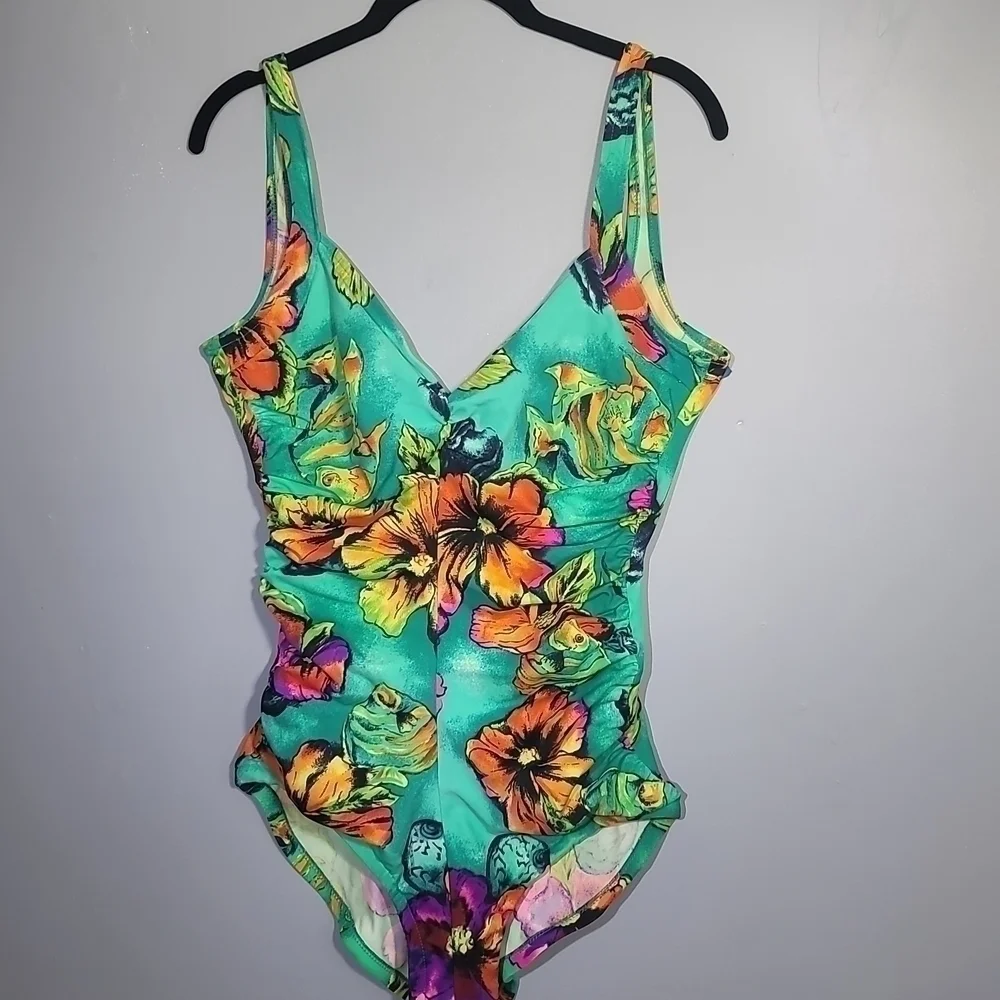 VINTAGE 70's, 80's Gabar Floral Mint Green Ruched One Piece Swimsuit